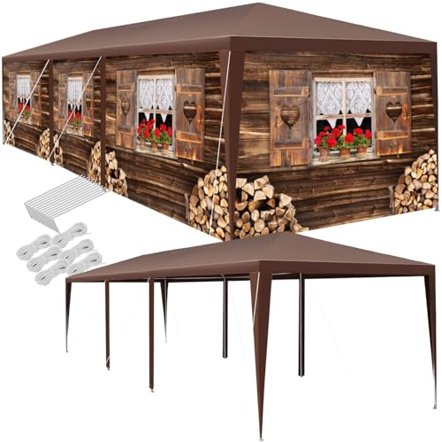 tectake® Tonnelle de Jardin exterieur style Chalet Tente de Reception 9x3m Protection UV Barnum Chapiteau Gazebo Pavillon de Jardin résistant à l'eau avec Parois amovibles, Cadre solide en Acier époxy