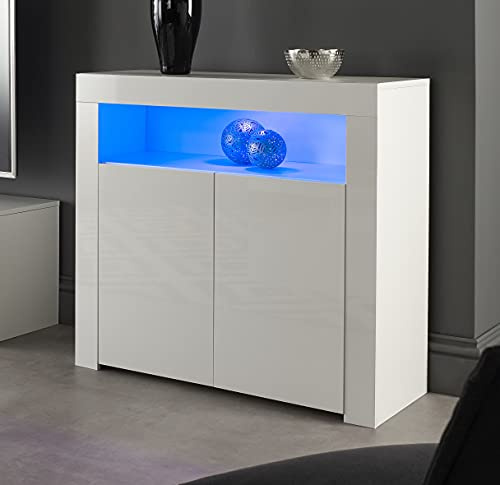 MMT White 2 Door Sideboard for Dining Room Living Room - White High Gloss Living Room Furniture with LED Lights - 90cm L x 35cm D x 83cm H