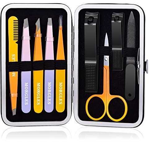 MORGLES Tweezers Set, Professional Nail Clippers and Tweezer Kit for Women and Men with Leather Travel Case, 9 Pack