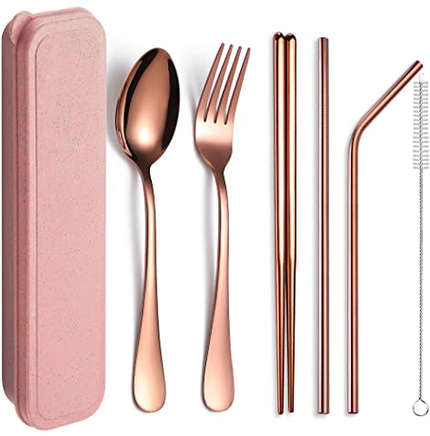 XIAOYU 6 Pieces Portable Reusable Cutlery Set, Stainless Steel Flatware Set, Travel Utensils Set, Includes Chopsticks/Fork/Spoon/Straws/Cleaning Brush, Rose Gold