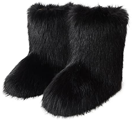 Eosxrp Furry Faux Fur Boots Women's Winter Shoes Woman Fluffy Warm Snow Boots Mid-Calf Comfortable Outdoor Flat (Black, Adult, Women, 11, Numeric, US Footwear Size System, Medium)