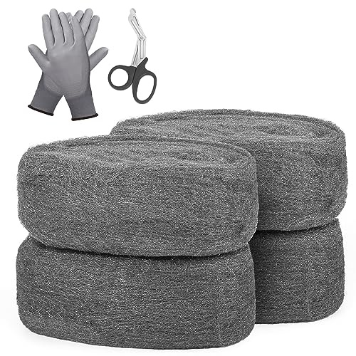 iunio Lot de 4 pelotes de laine métallique en fil d'acier avec gants de travail et ciseaux pour garder les souris et les rongeurs à distance, enlever la peinture, le vernis, la rouille