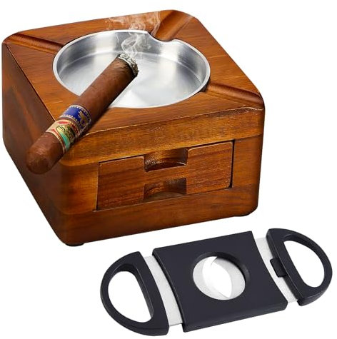 FINEW Zigarren Aschenbecher Untersetzer mit Zigarren Zubehör, Aschenbecher aus Holz mit Zigarrenschneider