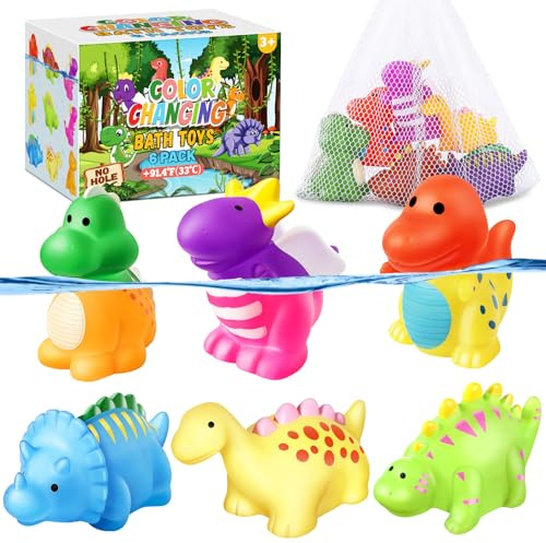 MACALOCA Color Changing No Hole Bath Toys for for Infants 6-12 & Toddlers 1-3, 6 Pack No Hole Bathtub Toys Bath Toys Water Toys Floating Fish Toys Dinosaur Toys for Bathtub Pool