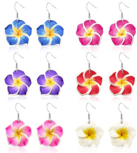 DIELOVEHUA 6 Paires Boucles d'oreilles Hawaïennes, Boucles d'oreilles Fleurs de Plumeria, Hypoallergénique, pour Hawaiian Luau Plage de Mariage Vacances, Bijoux pour Femmes et Filles