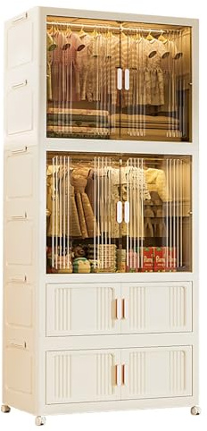 LIUJHGH Armario Plegable de Plástico con Puertas Magnéticas, Gabinete de Almacenamiento Apilable con Ruedas, Organizador de Ropa Portátil para Dormitorio(80-Width,B-4-tier)