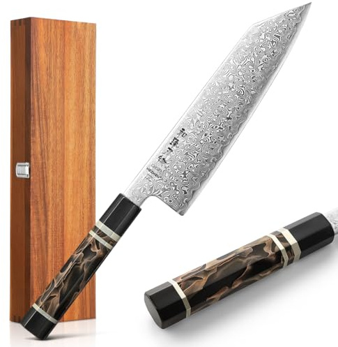 HEZHEN Damstål Kiritsuke-kniv,Japanskt ZDP-189 Damstål Damaskus Kockkniv, 49 Lager Damaskusstål Professionell Bunka-kniv,Oktogonalt Handtag i Harts med Låda i Akaciaträ