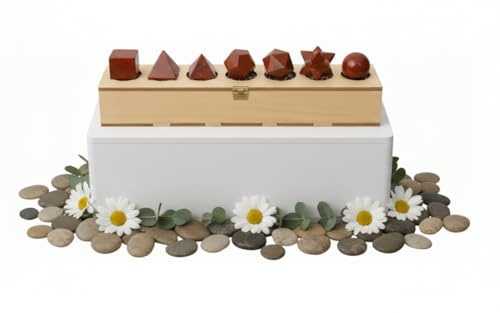 KULIA Ensemble de 7 solides platoniques ensemble de géométrie sacrée boîte en bois décorative jaspe rouge sculpté pierre naturelle équilibrage des chakras porte-bonheur pierre platonicienne cadeaux