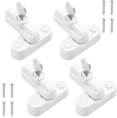 Lot de 4 sécurités de fenêtre - Protection anti-effraction - Sécurité enfant - Verrou pivotant avec clé - Protection anti-effraction - Pour portes en PVC - En forme de T - Blanc