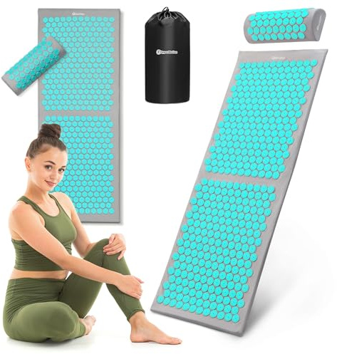 HyperMotion Tapis d'acupression XL 130 cm avec coussin et couverture, 17388 points de compression, coton et crampons ABS, ergonomique, gris menthe, pour la relaxation et la régénération du corps
