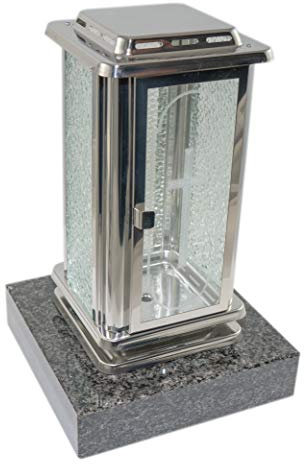 Kunst-Art-Köhl Grablaterne aus Edelstahl poliert montiert auf einem Granitsockel,Grablampe (Frontscheibe mit Kreuz, Nero Imapa)