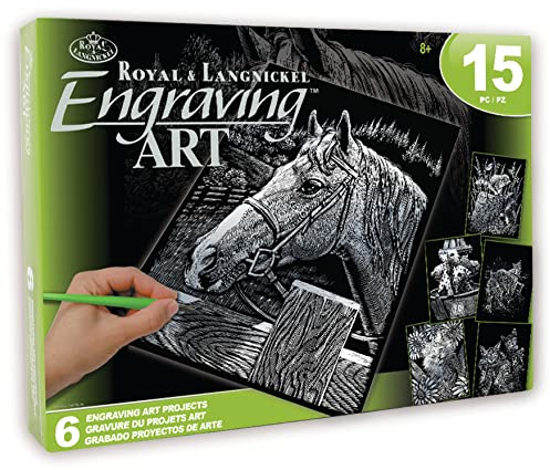 Pracht Creatives Hobby Royal & Langnickel - Kratzbilder Set Haustiere, Silber, 6 Bilder, Pferd, Hundewelpen und Co, Kratzbilder für Kinder und Erwachsene, mit 2 Kratzstiften und Vorlagen