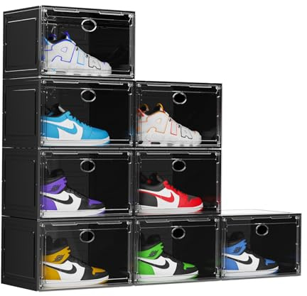 KEFA XL Shoe Storage Box Organizer, 8 Pack Shoe Boxes Clear Plastic Stackable, Sneaker Display Case Container Fit for US 13 (Side 8 PACK BLACK)