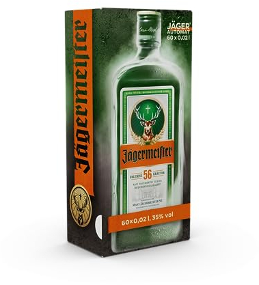 Jägermeister – 60 x 0,02 l Mini Meister Shots Premium Kräuterlikör 35% Vol. – 56 erlesene Kräuter – Kalt mazeriertes Elixier – Im Eichenfass gelagert – Das Original aus Wolfenbüttel