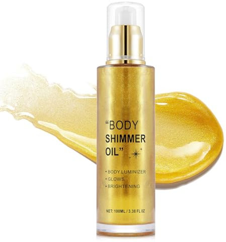 Body Shimmer Oil, Long Lasting Body Shimmer Spray, Waterproof Glitter Body Lotion, Shimmer Face and Body Oil, Moisturizing Liquid Highlighter Makeup 100ml (#02 Gold)