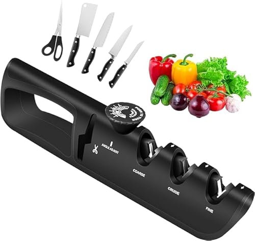 Générique Aiguiseur de couteaux manuel 4 en 1 avec bouton d'angle réglable à 6 niveaux Noir