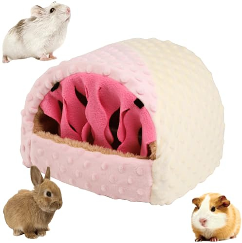 Copfeu Warm Plush Guinea Pig Hut Habitat Hedgehog Hideout Rat House for Small Animal Rabbit,Washable Chinchilla Hamster Bed Cozy Nest Cage Accessories (Pink,Small)