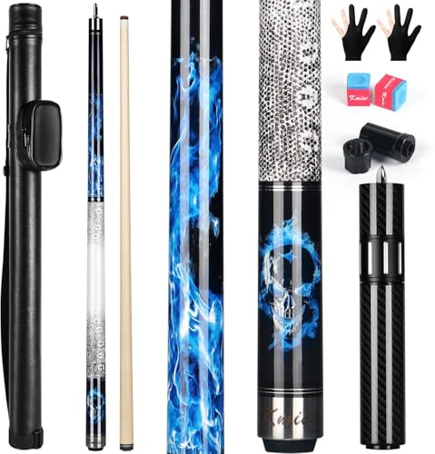 Kmise Professional Pool Cue Stick, 18 19 20oz Canadian Maple Cue Sticks, Low Deflection Shaft with Telescopic Carbon Fiber Extension Cue (20OZ, Blue Flame)