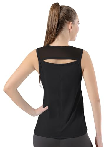 Bezioner Camiseta Deportiva Mujer Camisetas Fitnes sin Mangas Malla Camiseta de Tirantes Tops para Tenis Golf Yoga Correr Negro M