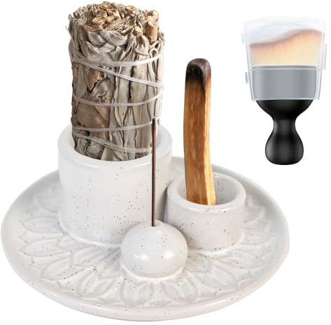 Mulaibdin 4 in 1 Räucherstäbchen Halter, Räucherschale Palo Santo, Salbei Räuchern Schale, Räucherstäbchenhalter Keramik mit Staubpinsel, Incense Holder für Meditation, Yoga,Büro,Zimmer Deko