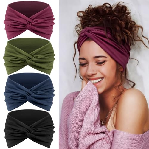 Tumurup Diademas Mujer Delgadas,4Pcs Turbantes para Mujer – Bandana Elásticas Anchas Cinta Pelo para Yoga, Fitness & Maquillaje – Africano Headband Accesorio de Cabello de Verano