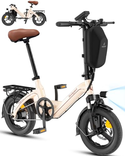 Bodywel T16PRO Bicicleta Eléctrica Plegable, 14 Mini E-Bike, 4.5 Pulgadas Pantalla LED, Batería 36V/7.8Ah, Frenos de Doble Disco y Suspensión Delantera (Almendra+Portaequipajes Trasero)