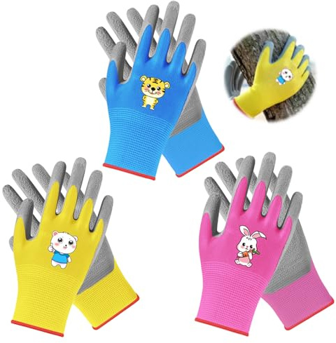 3 Pairs Guanti Giardinaggio Bambini, Guanti Da Lavoro Per Bambini Da 3 A 6 Anni, Di Guanti Da Giardinaggio Per Ragazzi E Ragazze, Guanti Da Lavoro Rivestiti In Gomma, Blu/Rosa/Giallo