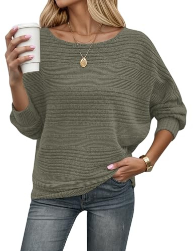 WNEEDU Jersey Mujer Otoño Invierno Ligero Punto con Hombros Descubiertos Mangas de MurciéLago Cuello Barco Elegante Suéter Verde Militar Claro S