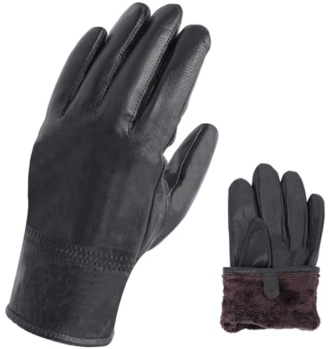 Risipu Genuine Leather Gloves for Men Women Black Winter Warm Gloves with Fleece Inside for Cold Weather Outdoor Driving Cycling (Black, M)