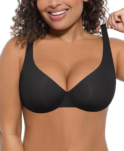 FeelinGirl Minimizer Underwire Seamless Bras Full Coverage Push Up Daily Tshirt Plunge Bra for Big Bust Women Black 36DDD