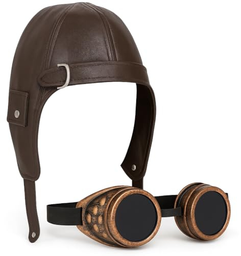 Lizzy Aviator 1940s Grandpa Style Biggles Pilot Hat + Steampunk Goggles Set | Vintage Flying Helmet Great Escape Costume Accessory | Cyber Goth Welding Glasses with Unisex Pilot & Captain Hat