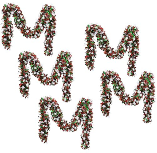 Christmas Tinsel Garland, 5 Pack 2m Green and Red Tinsel, Thick Christmas Tree Tinsel, Winter Garland for Ceiling Decorations, Holiday Party Decor