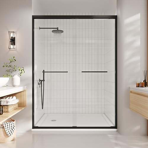 44-48 in. w x 72 in. h Semi-Frameless Double Sliding Shower Door, Clear Tempered Glass, Matte Black Frame for Walk-in Shower, Space-Saving Solution for Tight Bathrooms