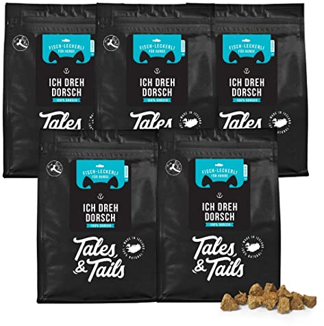 Tales & Tails - Hunde Leckerlis aus 100% isländischem Dorsch | Natürlich, Zuckerfrei, Getreidefrei, reich an Omega 3 | Kausnack Icebarks „Ich dreh Dorsch | 5 x 70g Tüten Hundesnack