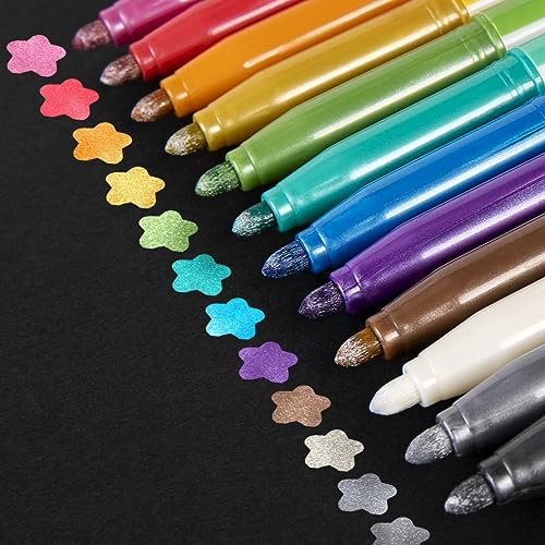 APOGO Metallic Marker Pens Paint Pens for Art Set of 12 Metallic Glitter Pens for Scrapbook Accessories, Black Paper Card Making, Stocking Fillers for Teenage Girls, Arts and Crafts, 2mm Felt Tips