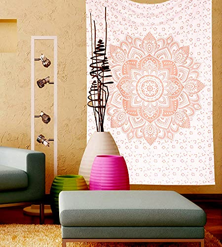 raajsee Metallic Rose Gold Tapestry Pink Mandala Wall Hangings, Indian Cotton Beach, Hippie Tapestries Boho Decor Bohemian Bedding,Twin Bedspread Yoga Mat Rugs Medium (52x60 Inches / 132x152 Cms)