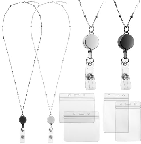 Outus 2 Pieces Badge Lanyard with ID Holders Stainless Steel Badge Name Tag Holders Necklace Retractable Reel Clip Chain Water Resistant for School Office(Black, Silver)