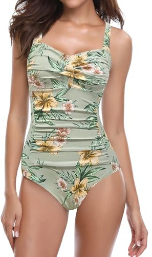 SHEKINI Damen Einteilige Badeanzug Retro Schlankheits Ruched Bauchweg Bademode Halter Große Größe Modest Badeanzüge für Damen(M,A-grau Grün