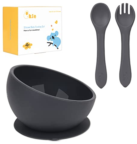 Qkie Baby Silikon Schüssel & Baby Besteck, Schräges Design für Die Erste Stufe des Babys, Selbstfütterung, BPA-frei, Spülmaschinenfest (dunkelgrau)