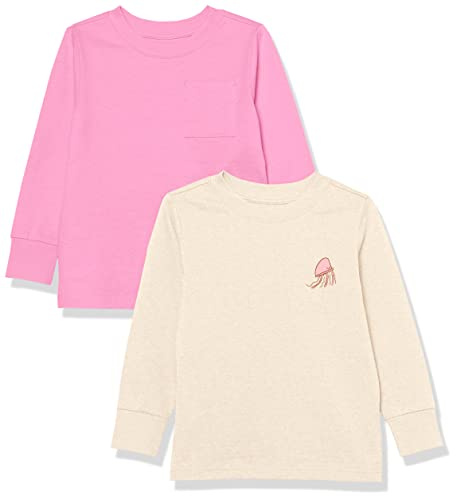 Amazon Essentials Unisex Kids' Long-Sleeve Ribbed Cuff T-Shirt, Pack of 2, Cream Jellyfish/Pink, 8 Years