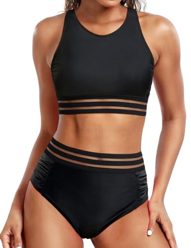 Holipick Solid Black Women High Waisted 2 Piece Bikini Set Sporty Bathing Suit Crop Swim Top with Bottom for Teen Girls M