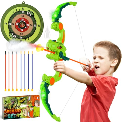Dinosaurier Pfeil und Bogen Kinder, Bogenschießen Spielzeug Junge Mädchen mit Sprühen&Saugnapf Pfeile&Zielscheibe, Weihnachten Nikolaus Geschenk Kinderspielzeug Outdoor Garten Spiel Kinderbogen