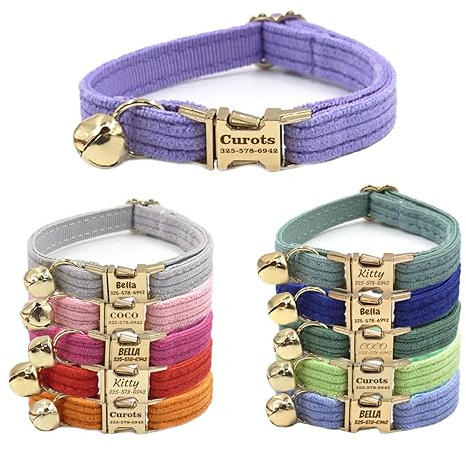 Collar personalizado para gato con nombre de mascota, número de teléfono y hebilla de metal grabada, collar de identificación ajustable de terciopelo con campanilla para niños y niñas