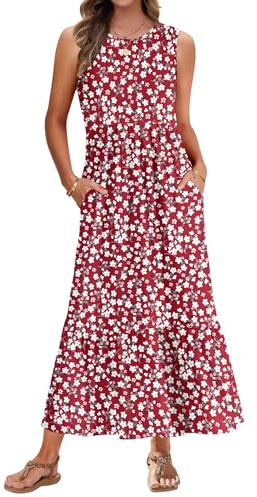 AUSELILY Summer Sleeveless Maxi Dresses for Women Ladies Red Floral Summer Long Dresses Flowy Tiered Long Dress with Pockets Beach Holidays Party Wedding Guest Dresses L