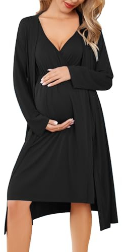 Ekouaer Maternity Nightgown for Hospital Labor and Delivery Gown Breastfeeding Robe Set Comfy Soft Pregnancy Robes Black S