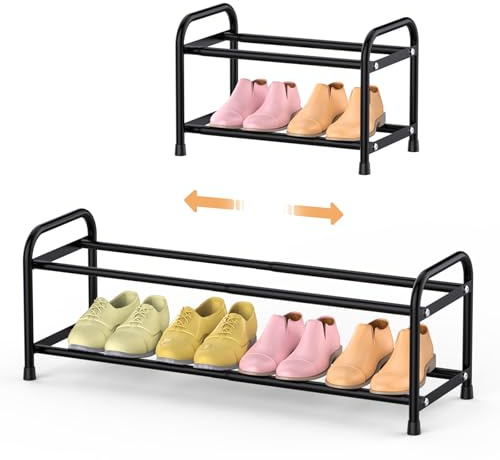 esonstyle 2 Tier Expandable Shoe Rack, Adjustable Metal Shoe Storage Organizer for Closet and Entryway, Sturdy Free Standing Shelf, Holds Up to 8-10 Pairs of Shoes