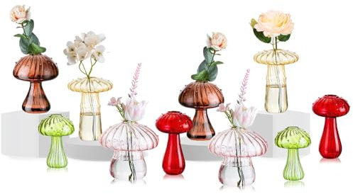 ZhouZGlass Mushroom Flower Vase, Cute Small Flower Vase Set, Small Bud Flower Vases Unique, Mushroom Propagation Hydroponic Vases, Funky Cottagecore Decor for Home Room (Colorful, 10 Pcs)