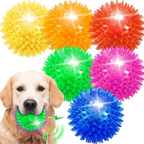 Ousiya 6 Pack 3.5 Light Up Squeaky Dog Toy Balls, Spiky Dog Balls for Small,Medium Large Dogs