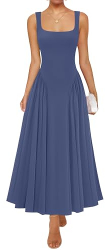 ZESICA Womens 2026 Summer Sleeveless Square Neck Sundress Casual Long Flowy A Line Beach Vacation Maxi Dresses,Navy,Large