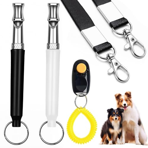 Noaxylic 2 Pezzi Fischietto per Cani, Fischietto Ultrasuoni per Cani, Accessorio per Cane Silenzioso ad Alta Frequenza con 2 Cordino, Frequenza Regolabile, Clicker (Nero, Bianco)